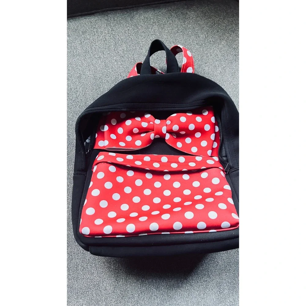 Disney Minnie Mouse Backpack Kids Small Black Red Polka Dot 3D Bow Bag